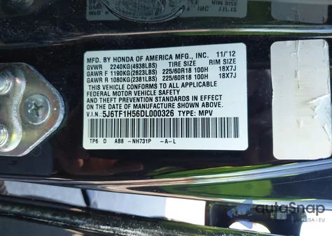 2013 Honda Crosstour Ex-L V6 z USA, uszkodzony, nr VIN 5J6TF1H56DL000326